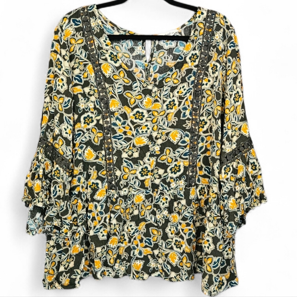 Indigo Thread Co. Boho Floral Bell Sleeve Tunic Top XL